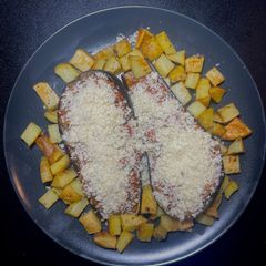 A picture of Pork stuffed aubergine.