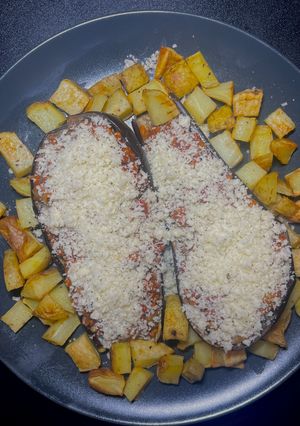 A picture of Pork stuffed aubergine.