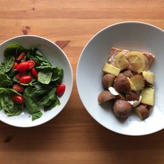 A picture of Salmon and seasonal veg.