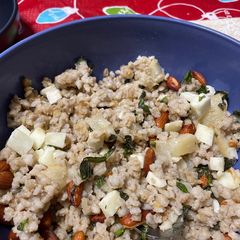 A picture of Farro Salad with Roasted Pears, Haloumi Cheese and Pistachios.