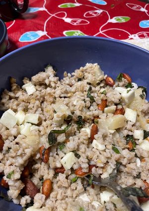 A picture of Farro Salad with Roasted Pears, Haloumi Cheese and Pistachios.