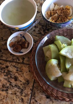 A picture of Boiled Bottle Gourd with Fermented Tofu Dip and Boiled Eggs.