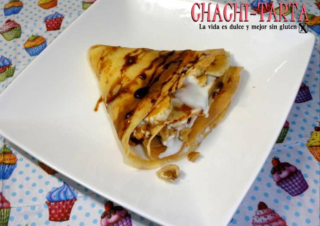 Crepes de platano con caramelo y yogur (sin gluten y sin lactosa)