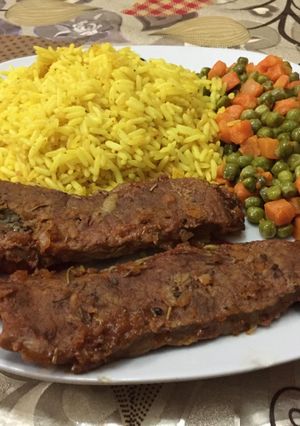 صورة لوصفة اسكالوب بالفرن مع رز وبسلة خضراء