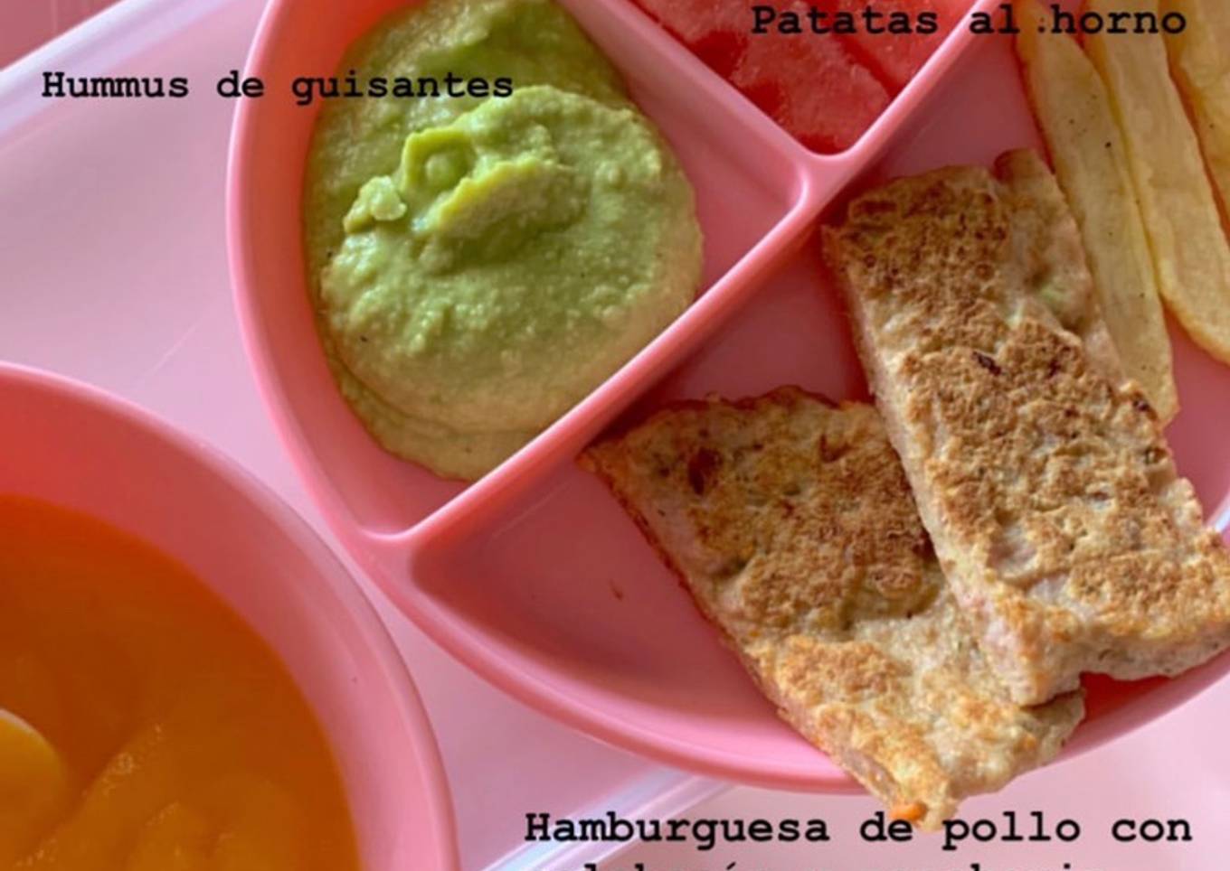 BLW ideas (Burger de pollo con calabacín y zanahoria y hummus de guisantes)