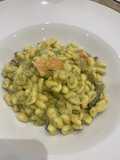 Fresh Cavatelli with Zucchini Cream, Eggplant, and Smoked Salmon