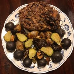 A picture of California Farm Roasted Shallots, Sprouts, Mushrooms and Potatoes.