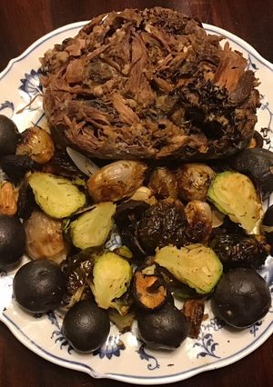 A picture of California Farm Roasted Shallots, Sprouts, Mushrooms and Potatoes.