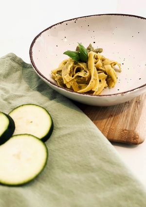 A picture of Tagliatelle with Zucchini Pesto.