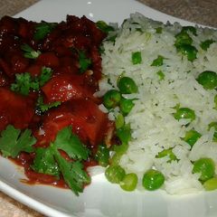 A picture of Smokie/veggie rice.