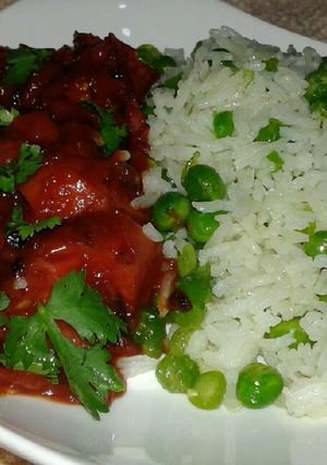 A picture of Smokie/veggie rice.