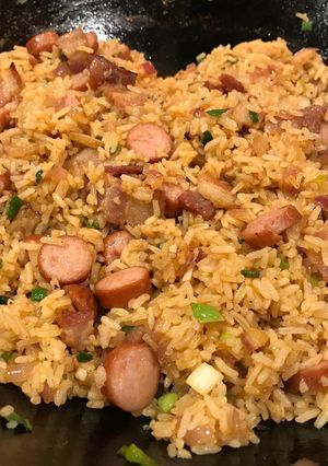 A picture of Hot Dog & Bacon Fried Rice.