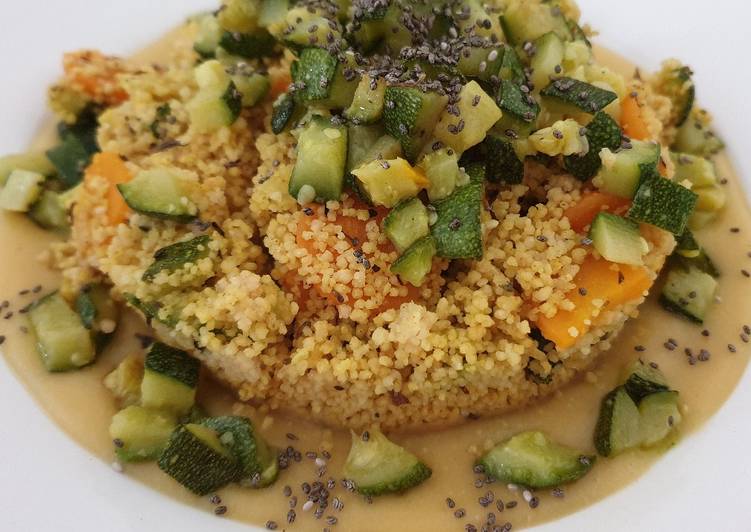 Cous cous di verdure su crema di lenticchie rosse