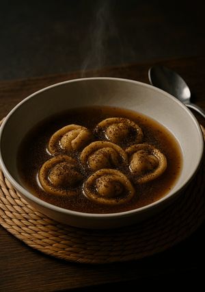 Foto di Tortelli in crema di castagne e in brodo affumicato