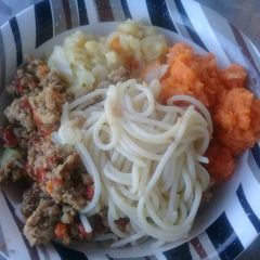 A picture of Beef Mince with peppers and spaghetti.
