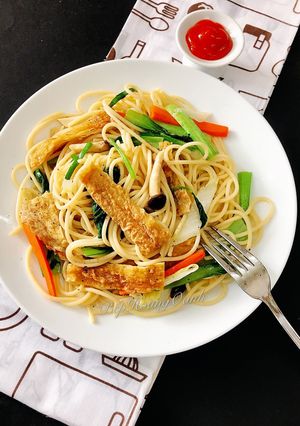 Hình của món Mì Ý Xào Chay.