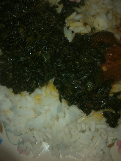 A picture of White rice and local soup.