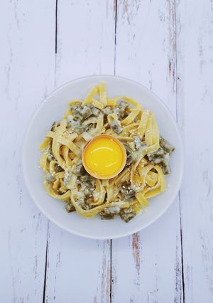 Une photo de Tagliatelles carbonara végétarienne