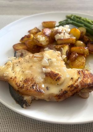 A picture of Spanish Swordfish with a Beurre Blanc Sauce.