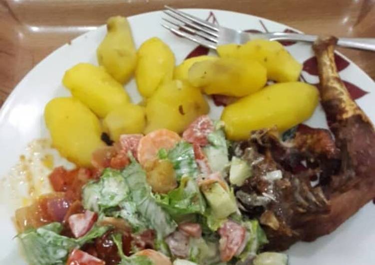 Steps to Make Homemade Boiled potatoes,fried chicken and salad