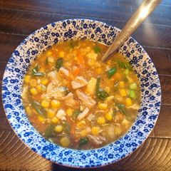 A picture of Sweet Corn Chicken and Egg Drop Soup.