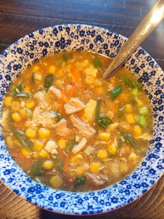 A picture of Sweet Corn Chicken and Egg Drop Soup.