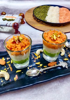 A picture of Tri Colour Kheer Peas Rice and Carrot kheer.