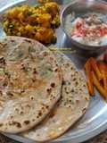 Mooli Methi Paratha with Gobhi Matar Sabji and Gazar Aachar