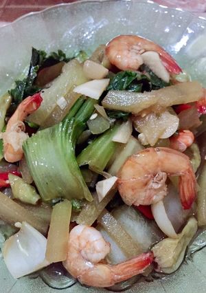 Foto resep Oseng pokcoy, udang & labu siam Exstra Pedas