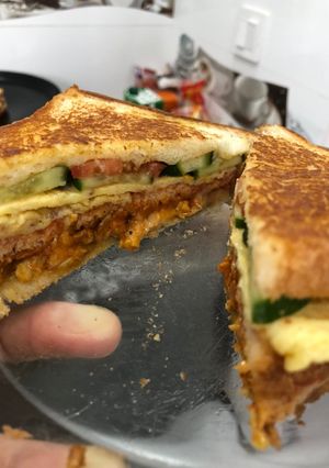 A picture of Chicken tikka and egg sandwich.