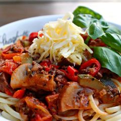 Veggie-packed pasta in fresh tomato sauce A picture of Veggie-packed pasta in fresh tomato sauce.