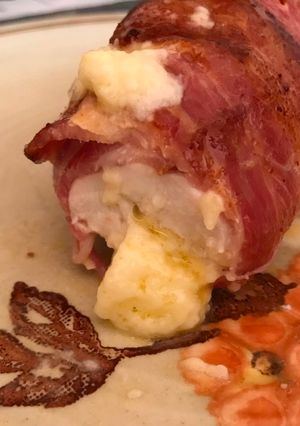 A picture of Keto cheesy chicken bacon wrap.