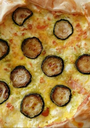A picture of Feta, smoked salmon and courgette pie.