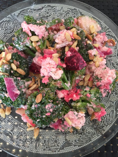 A picture of Broccoli salad in curd dressing.