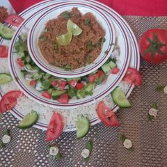 A picture of Dum ka qeema with rice.