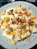 Rigatoni con calabaza trufada y torreznos