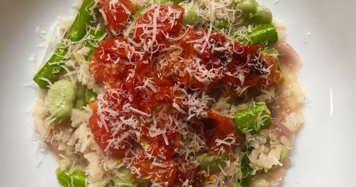 Broad Bean and Asparagus Risotto with Slow Roasted Tomatoes Recipe by