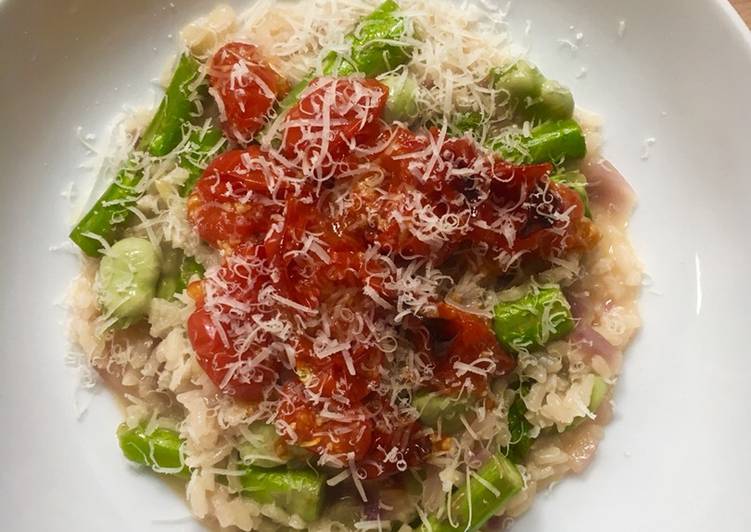 Simple Way to Make Homemade Broad Bean and Asparagus Risotto with Slow Roasted Tomatoes