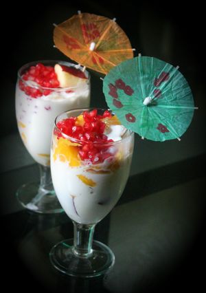 A picture of Fruit Salad with Whipped Cream.