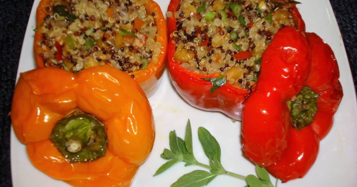 Stuffed peppers with three colors quinoa walnuts and raisins Recipe by