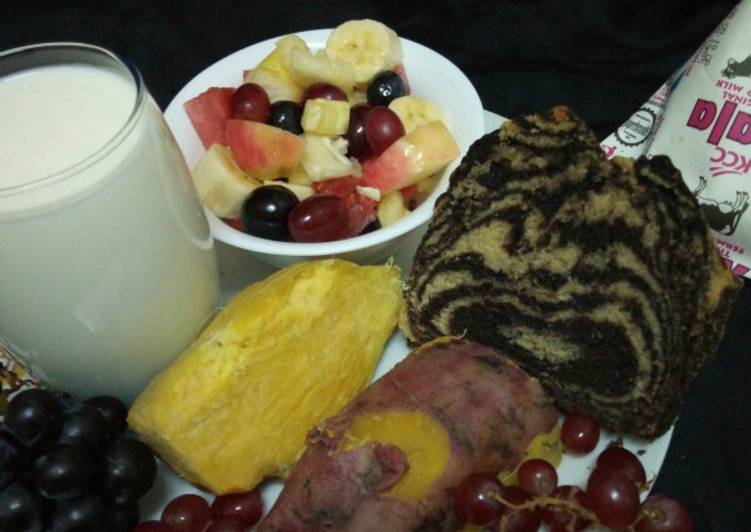 Fruit salad, zebra cake, sweet potatoe and fermented milk(mala)