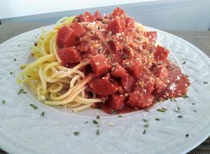 Una foto de Linguine con chorizo a la Bolognesa👍🇵🇪