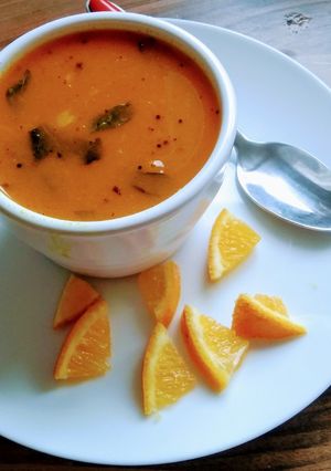 A picture of Narangi(citrus orange) Rasam.
