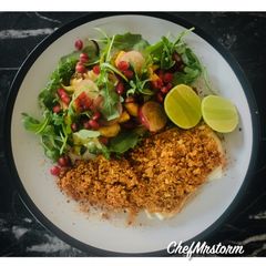Smoked Paprika-Lemon-Cracked Black Pepper Crumbed Haddock with ChefMrstorm’s Summer Salad A picture of Smoked Paprika-Lemon-Cracked Black Pepper Crumbed Haddock with ChefMrstorm’s Summer Salad.