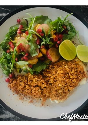 A picture of Smoked Paprika-Lemon-Cracked Black Pepper Crumbed Haddock with ChefMrstorm’s Summer Salad.