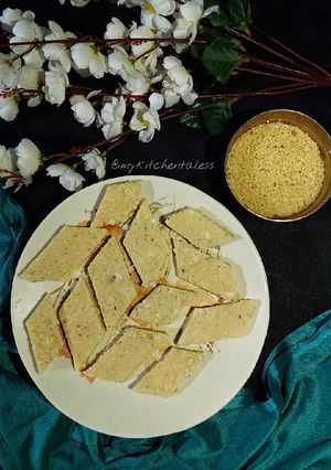 A picture of Moong dal burfi/ Moong Tikri.