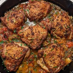 A picture of Tomatoey/Brothy/Lemony/Herby/Crispy Chicken Thighs.