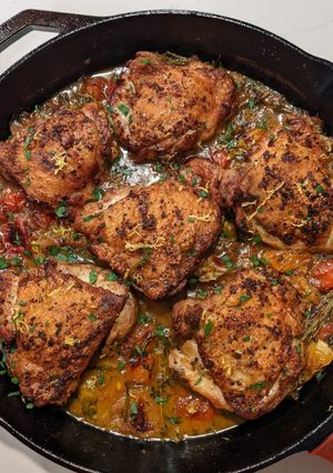 A picture of Tomatoey/Brothy/Lemony/Herby/Crispy Chicken Thighs.