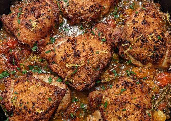 Recipe of Quick Tomatoey/Brothy/Lemony/Herby/Crispy Chicken Thighs