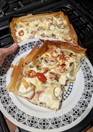 A picture of What's in my fridge - sour cream and filo pastry pie.